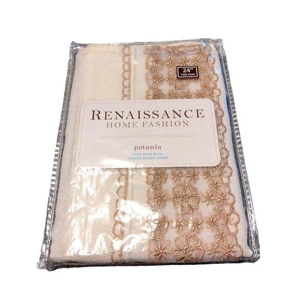 Renaissance Petunia Kitchen Curtain Tier Pair Embroidered Band Beige 56in x 24in - Picture 4 of 7
